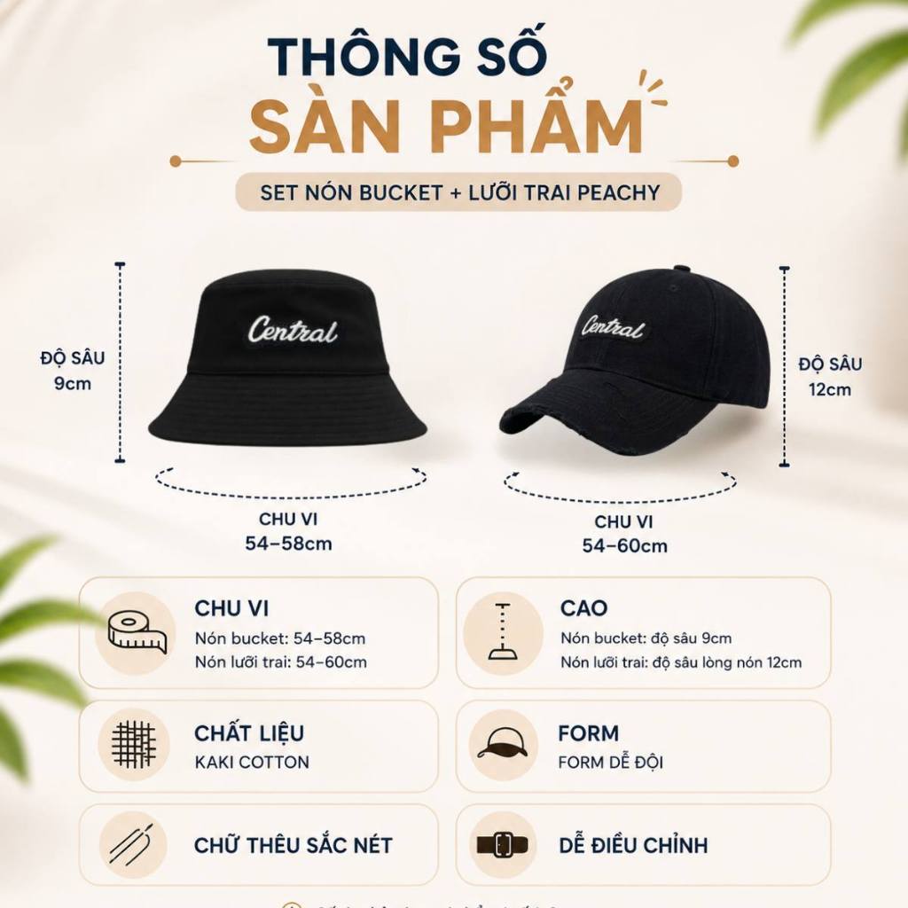 Combo 2 Mũ lưỡi trai Và Mũ Bucket Vành Cụp Thêu Chữ Central, Nón Cặp Đôi Chất Vải Kaki Thoáng Khí Thời Trang Nam Nữ