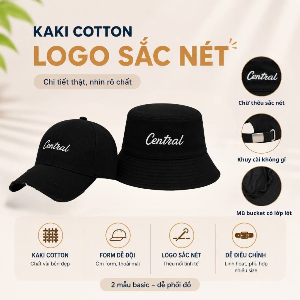 Combo 2 Mũ lưỡi trai Và Mũ Bucket Vành Cụp Thêu Chữ Central, Nón Cặp Đôi Chất Vải Kaki Thoáng Khí Thời Trang Nam Nữ