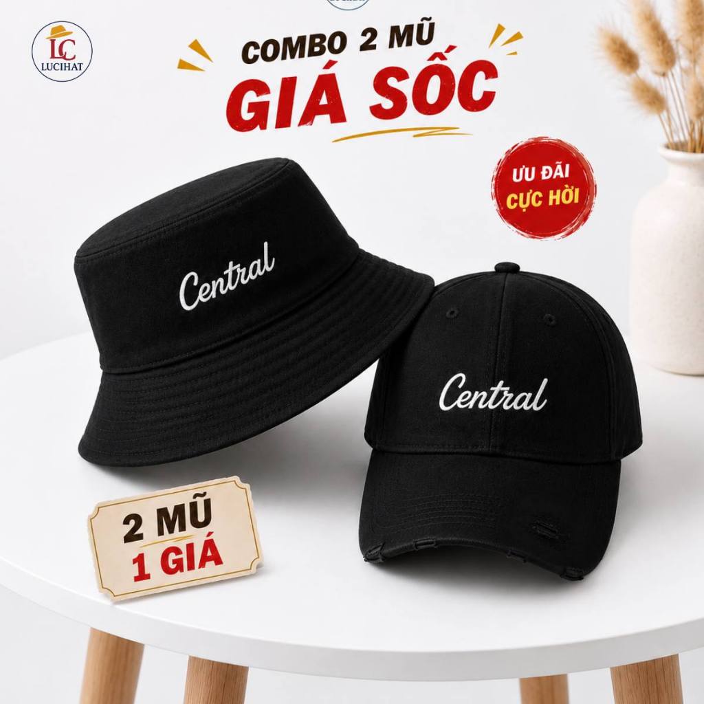 Combo 2 Mũ lưỡi trai Và Mũ Bucket Vành Cụp Thêu Chữ Central, Nón Cặp Đôi Chất Vải Kaki Thoáng Khí Thời Trang Nam Nữ