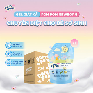 Combo 3 Túi Nước Giặt Xả Pom Pom Newborn 2.7L - An Toàn Cho Bé Sơ Sinh, Sạch Sâu Vết Nôn Trớ Ọc Sữa, Hương Phấn Rôm NB27