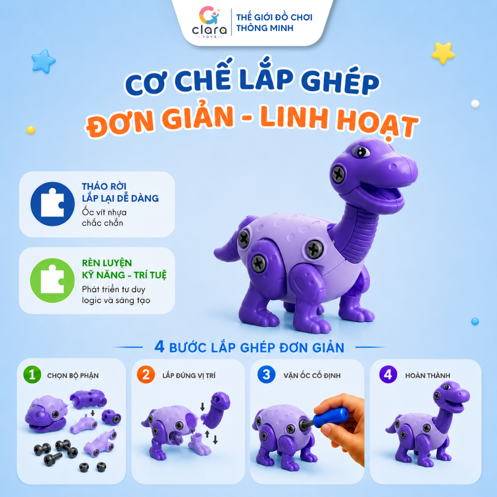 Đồ Chơi Lắp Ghép Khủng Long DCLG001 Màu Tím Đồ Chơi Lắp Ghép Thông Minh Cho Bé Phát Triển Tư Duy