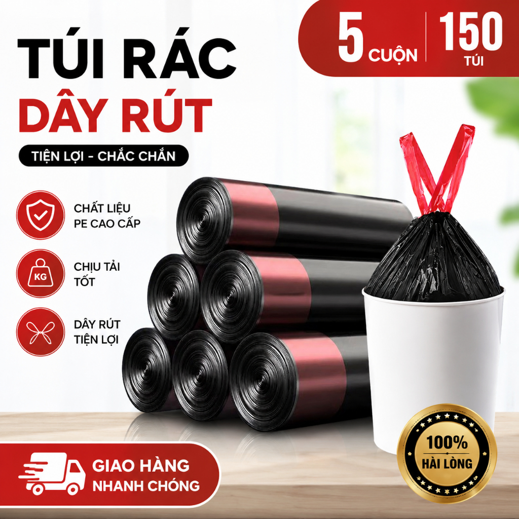 Túi Rác Dây Rút 5 Cuộn Siêu Bền Chống Rách Chống Rò Rỉ Dung Tích Lớn Túi Đựng Rác Gia Đình Tiện Lợi