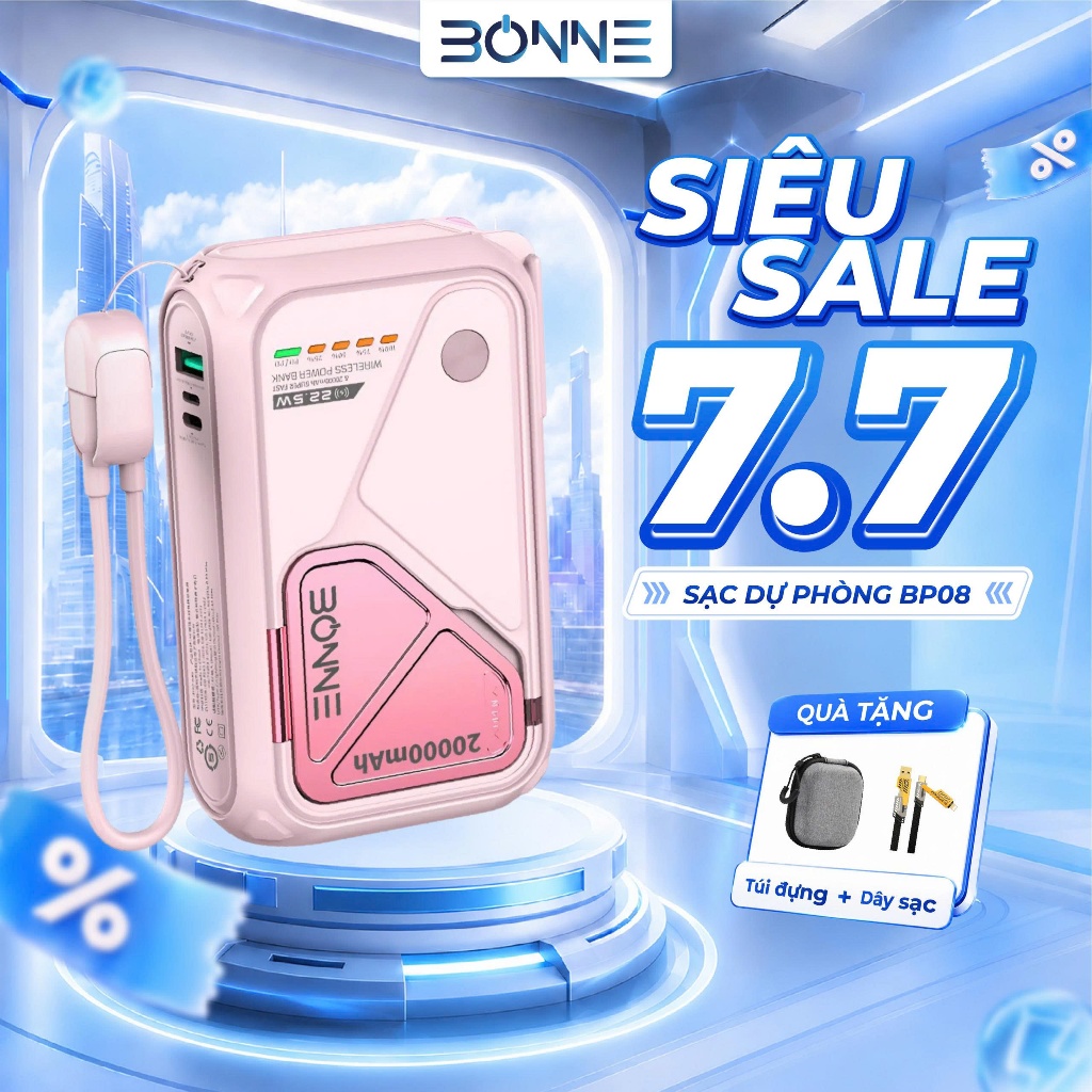[TẶNG DÂY SẠC 4IN1+TÚI ĐỰNG ]Sạc Dự Phòng BP08, Củ Sạc Nhanh BONNE BP08 10.000 mAh 20.000 mAh Hỗ Trợ Sạc Không Dây