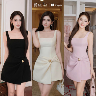 Đầm ngắn Khiết Style trắng kem dáng ôm lệch tà đính charm hoa vàng phong cách thanh lịch KD640 KD640A KD640B