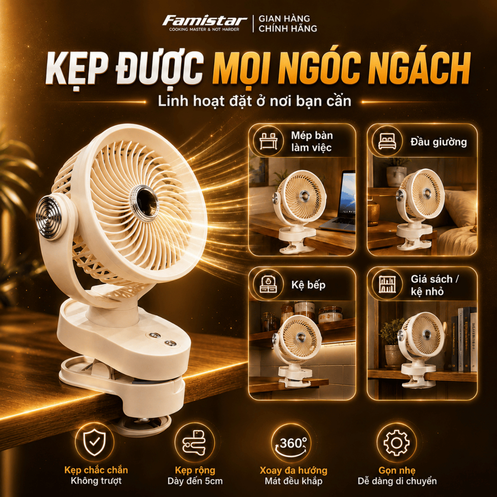 [BH 1 NĂM] Quạt Tích Điện, quạt tích điện mini, quạt kẹp bàn, quạt để bàn văn phòng, xoay + đèn led, gió mạnh, pin thật