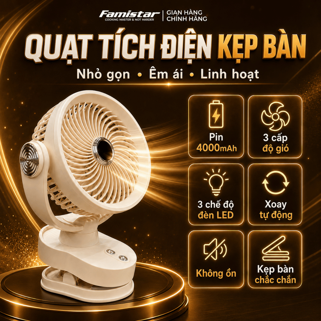 [BH 1 NĂM] Quạt Tích Điện, quạt tích điện mini, quạt kẹp bàn, quạt để bàn văn phòng, xoay + đèn led, gió mạnh, pin thật