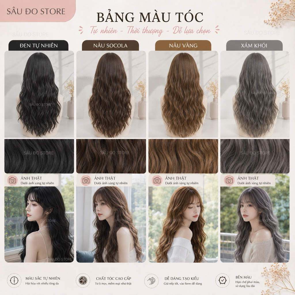 [SHOP NỔI BẬT] TÓC GIẢ BỘ XOĂN SÓNG NƯỚC DÀI CÓ DA ĐẦU LƯỚI THOÁNG KHÍ TỰ NHIÊN NHƯ THẬT TẶNG LƯỚI TRÙM SÂU ĐO STORE