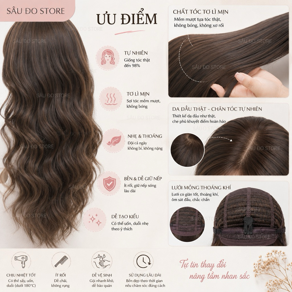 [SHOP NỔI BẬT] TÓC GIẢ BỘ XOĂN SÓNG NƯỚC DÀI CÓ DA ĐẦU LƯỚI THOÁNG KHÍ TỰ NHIÊN NHƯ THẬT TẶNG LƯỚI TRÙM SÂU ĐO STORE