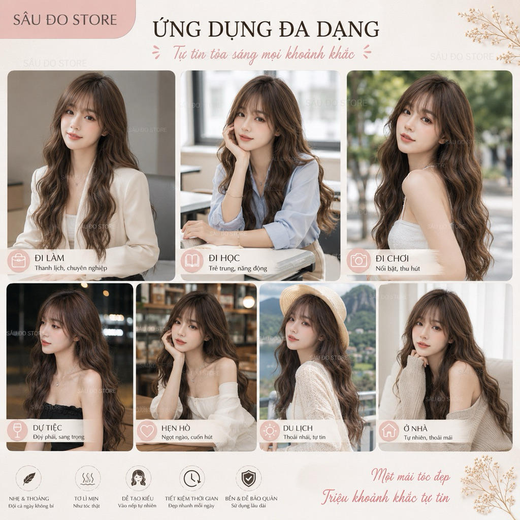 [SHOP NỔI BẬT] TÓC GIẢ BỘ XOĂN SÓNG NƯỚC DÀI CÓ DA ĐẦU LƯỚI THOÁNG KHÍ TỰ NHIÊN NHƯ THẬT TẶNG LƯỚI TRÙM SÂU ĐO STORE