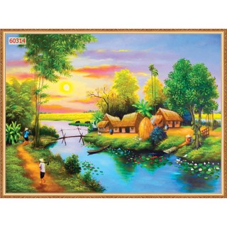 Tranh vải lụa in giả Sơn Dầu Dán tường 3D Phong Cảnh Làng Quê mẫu mới tặng keo và dụng cụ