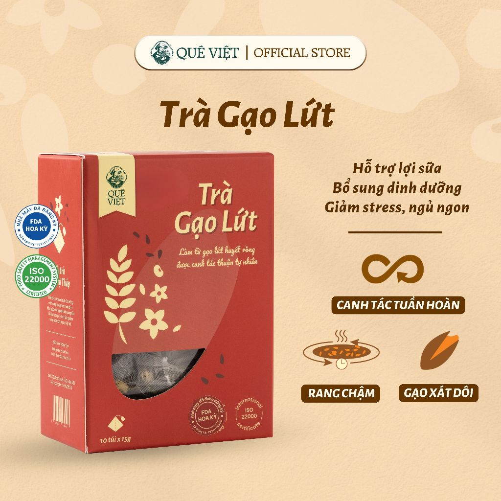 Trà gạo lứt lợi sữa Quê Việt thanh lọc gan, giải độc cơ thể nguyên liệu tự nhiên an toàn – Hộp 150g (10 túi x 15g)