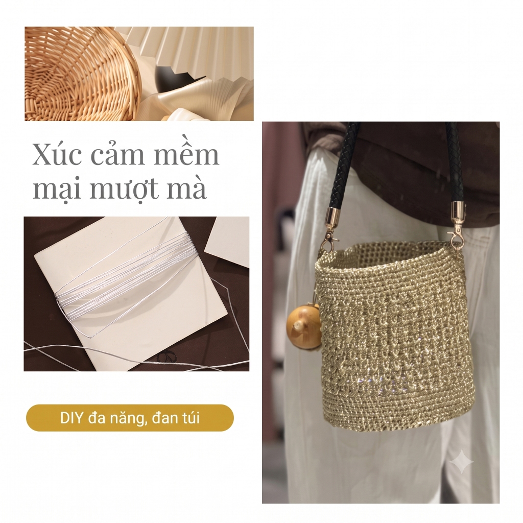 LUMII - Len sợi cao cấp fever bọc kim tuyến ánh kim bling bling chuyên móc túi xách, mũ nón 100g