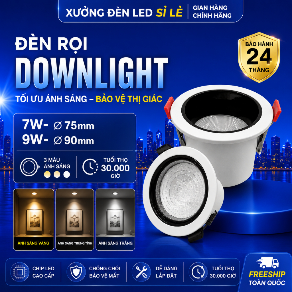 Đèn Âm Trần Dowlight Đèn LED DOB Đế Đúc Liền Nguồn 7W - 9W Vỏ Nhôm 3 Màu Ánh Sáng Đèn Phòng Khách Phòng Ngủ