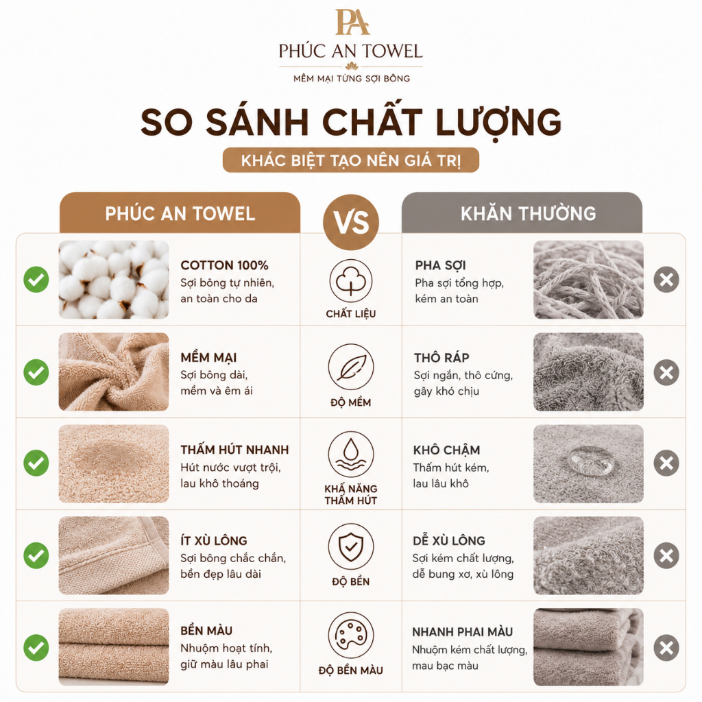 Khăn Tắm Cotton 100% Phúc An Towel  60x120 50x100 Khăn Tắm Cao Cấp Mềm Mại Thấm Hút Nhanh Ít Xù Lông