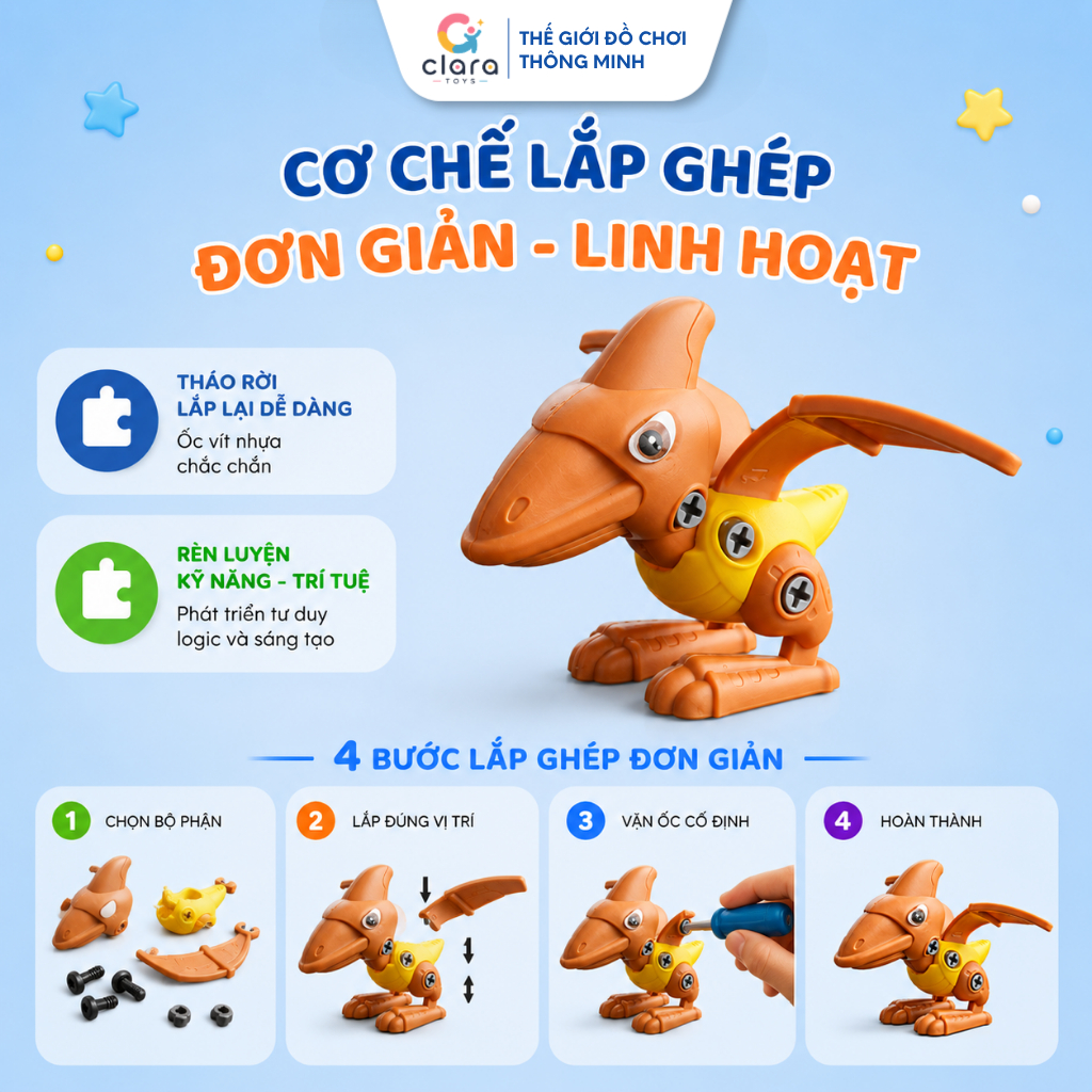 Đồ Chơi Lắp Ghép Khủng Long DCLG001 Màu Nâu Đồ Chơi Lắp Ghép Thông Minh Cho Bé Phát Triển Tư Duy