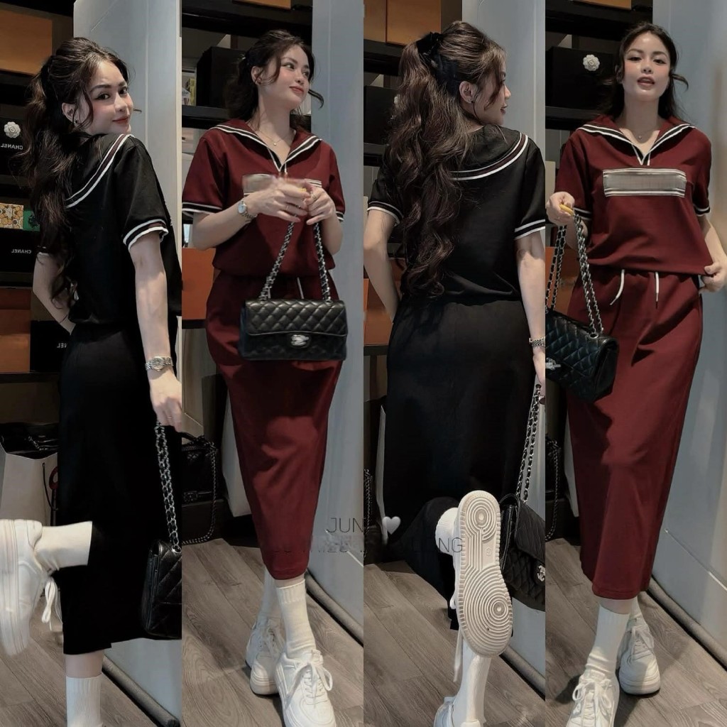 Set đồ nữ cổ thủy thủ kèm chân váy suông dáng dài màu đen thể thao năng động ulzzang HCOM25391