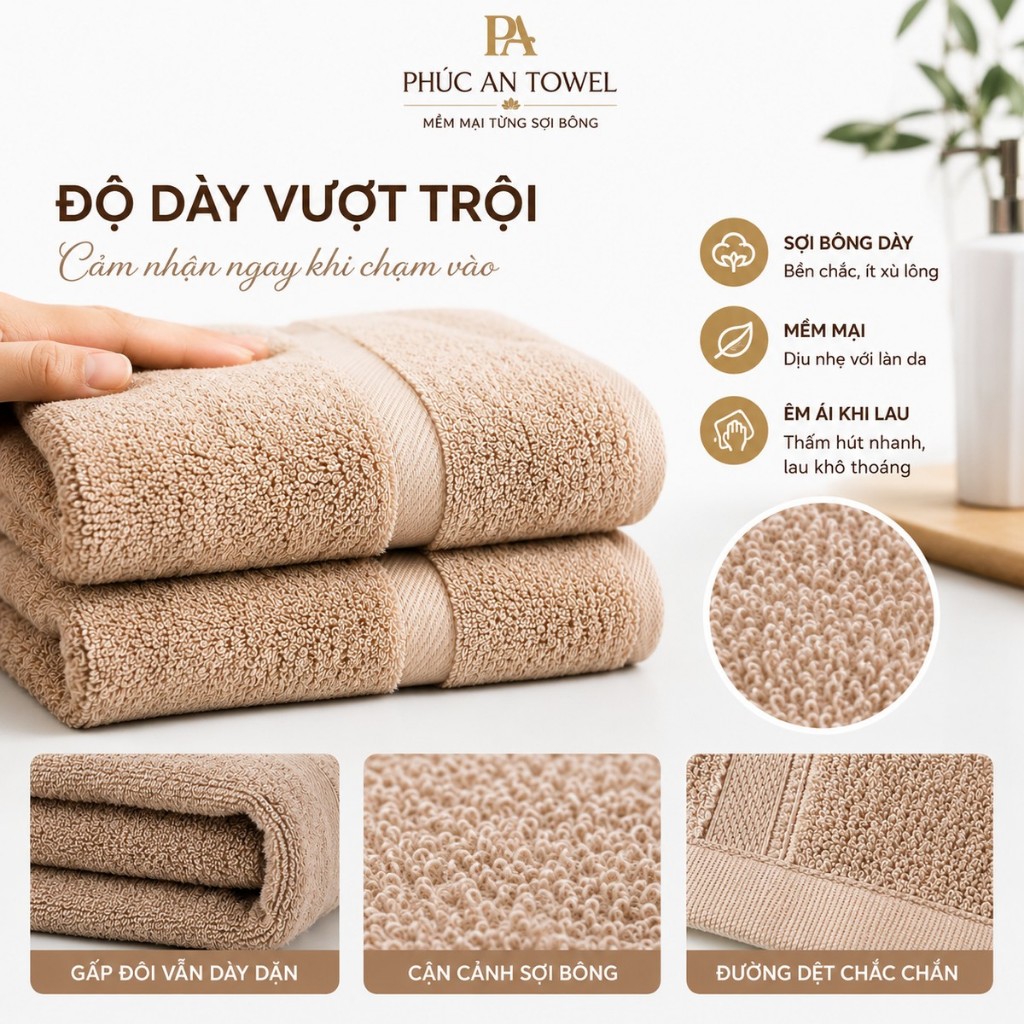 Bộ 2 Khăn Tắm 70x140cm Phúc An Towel 100% Cotton Cao Cấp, Mềm Mại, Thấm Hút Nhanh, Không Xù Lông