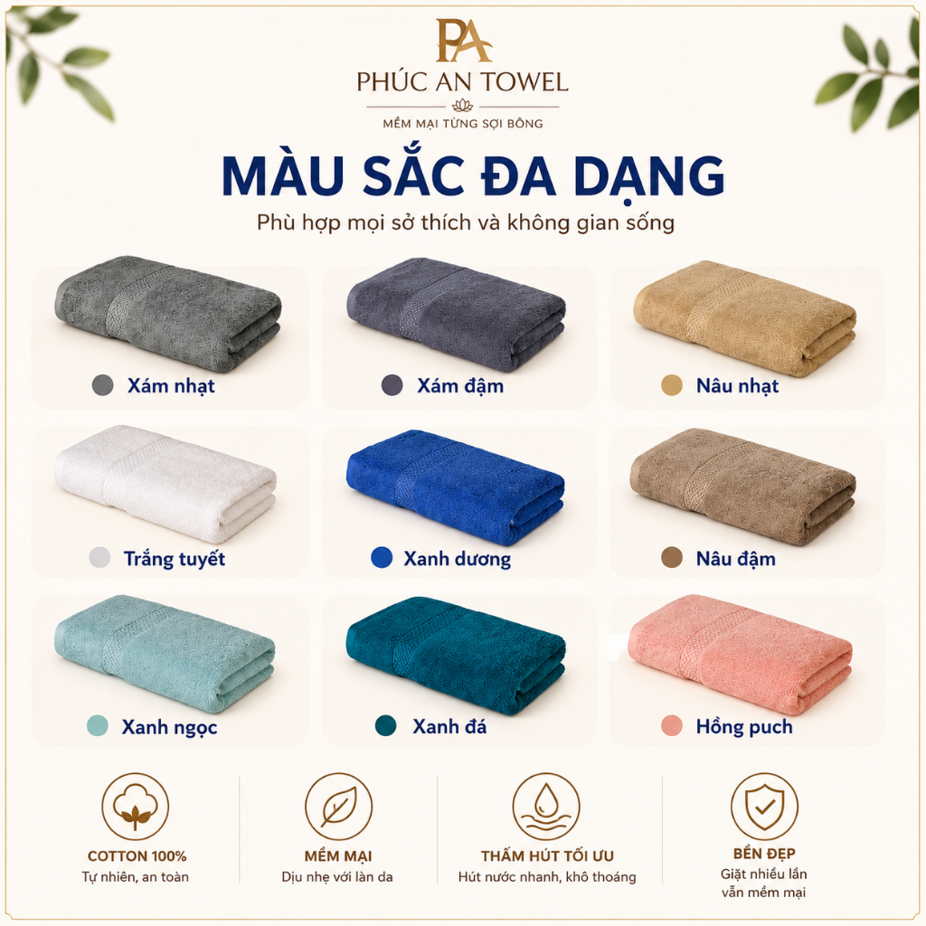 Bộ 2 Khăn Tắm 70x140cm Phúc An Towel 100% Cotton Cao Cấp, Mềm Mại, Thấm Hút Nhanh, Không Xù Lông