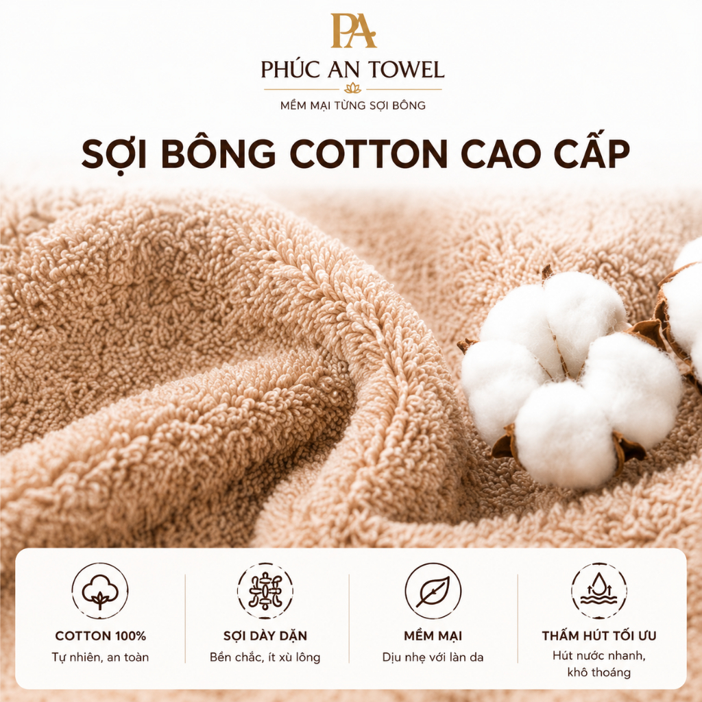 Bộ 2 Khăn Tắm 70x140cm Phúc An Towel 100% Cotton Cao Cấp, Mềm Mại, Thấm Hút Nhanh, Không Xù Lông