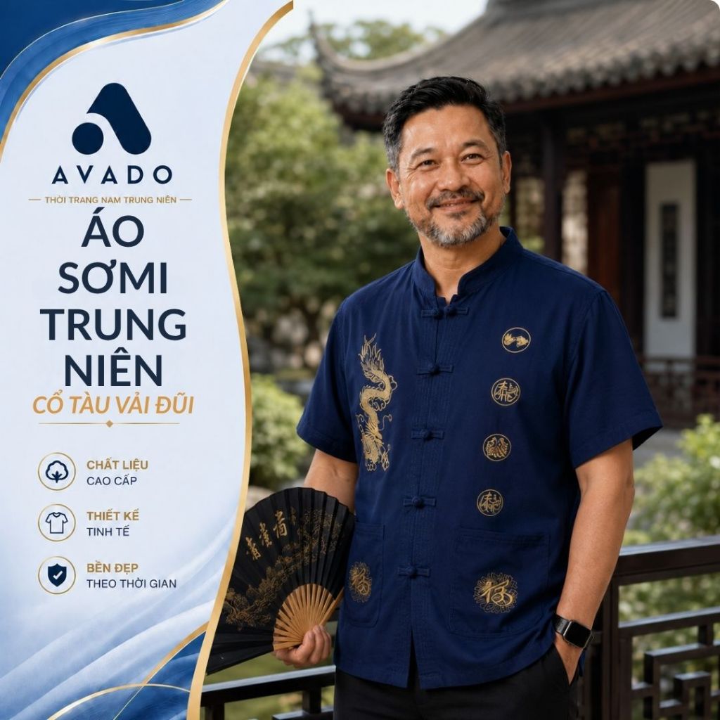 Áo sơ mi nam trung niên cổ tàu vải đũi cao cấp, hình thêu rồng phượng cổ đứng form đẹp, mát  ATK10
