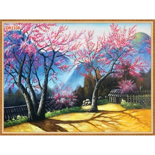 Tranh vải lụa in giả Sơn Dầu Dán tường 3D Phong Cảnh Làng Quê mẫu mới tặng keo và dụng cụ