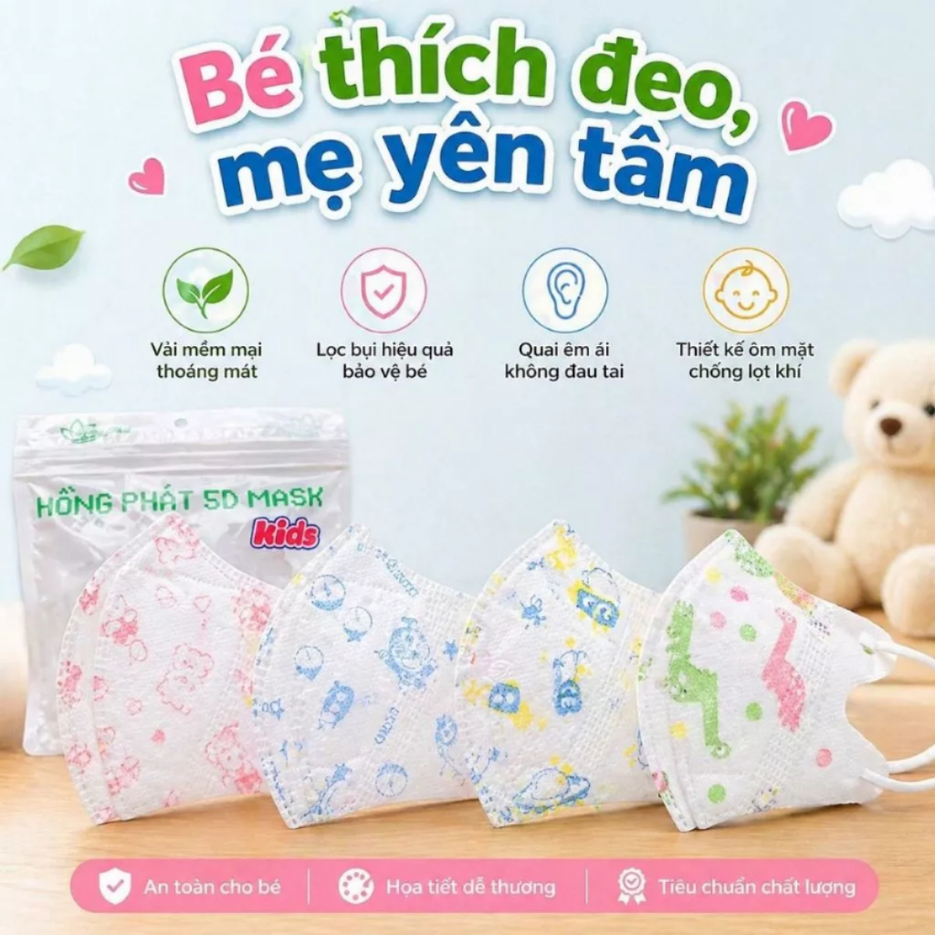 Set 100 Cái Khẩu Trang 5D CHo Bé HỒNG PHÁT, Nhiều Họa Tiết Cho Bé 3-10 Tuổi