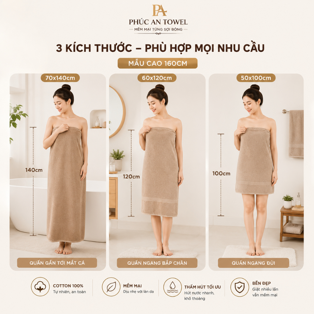 Bộ 2 Khăn Tắm 70x140cm Phúc An Towel 100% Cotton Cao Cấp, Mềm Mại, Thấm Hút Nhanh, Không Xù Lông