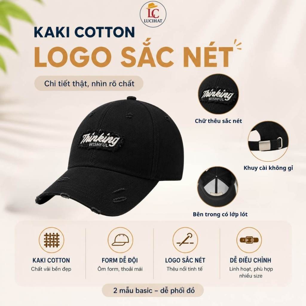 Combo 2 mũ lưỡi trai thêu chữ Thinking form cứng, nón lưỡi trai nam nữ vải kaki thoáng khí, khuy điều chỉnh