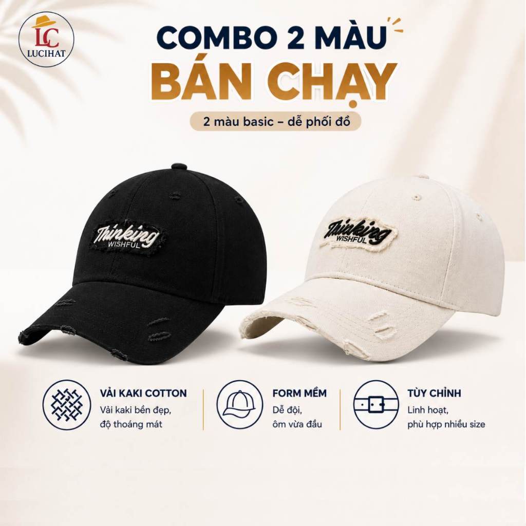 Combo 2 mũ lưỡi trai thêu chữ Thinking form cứng, nón lưỡi trai nam nữ vải kaki thoáng khí, khuy điều chỉnh