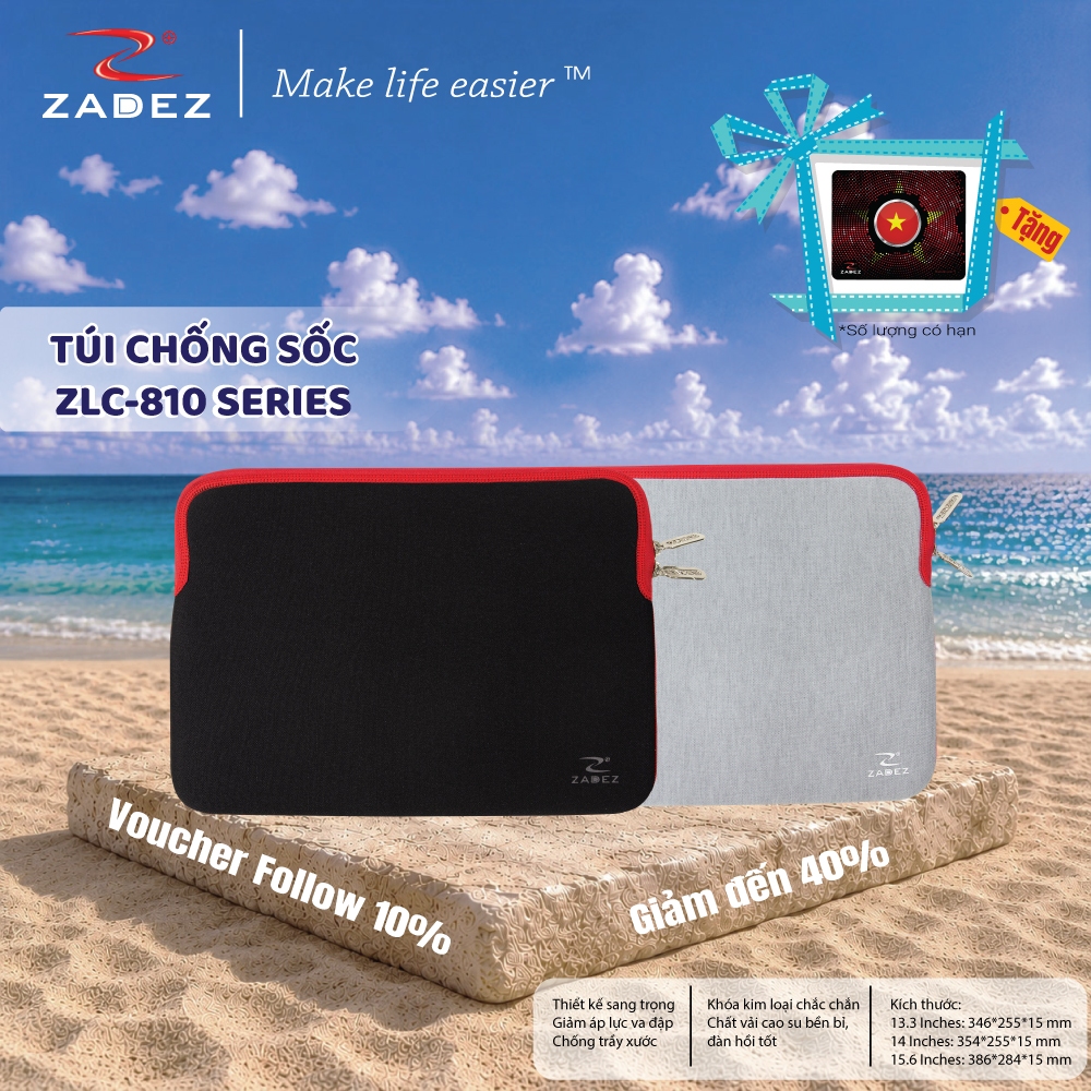 Túi Chống Sốc Laptop ZADEZ ZLC-810 Series – 13.3/14/15.6 Inches, Vải Cao Su Bền, Chống Trầy Xước