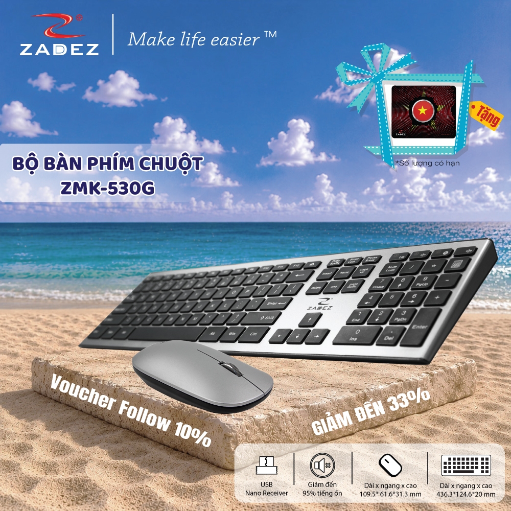 Combo Bàn Phím Chuột Không Dây ZADEZ ZMK-530G – Silent 104 Phím, Phím Tách Rời Chiclet, 1200 DPI