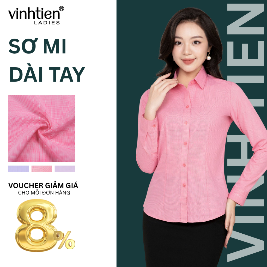 Áo Sơ Mi Nữ Dài Tay Vĩnh Tiến Ladies, Chất Liệu Cotton, Họa Tiết Kẻ Ô In Chìm - GTB 495
