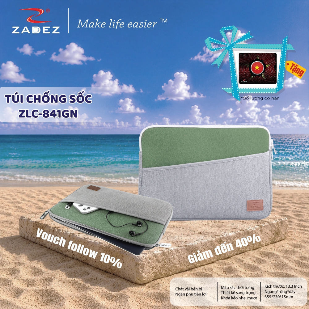 Túi Chống Sốc Laptop ZADEZ ZLC-841GN – 13.3 Inches, Vải Cao Su Bền Bỉ, Chống Trầy Xước