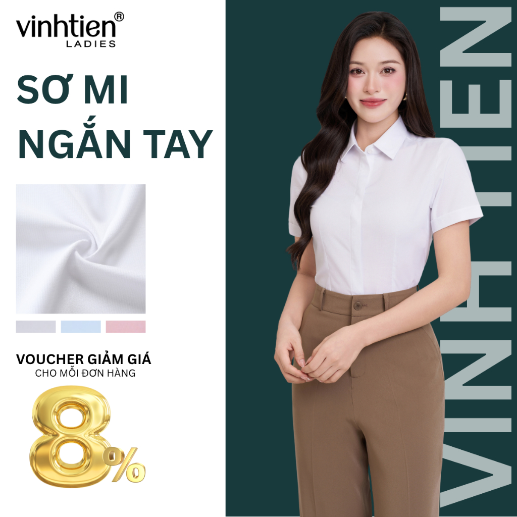 Áo Sơ Mi Nữ Ngắn Tay Vĩnh Tiến Ladies Nẹp Dấu Cúc Vân Vải, Chất Liệu Bamboo – GTB 509