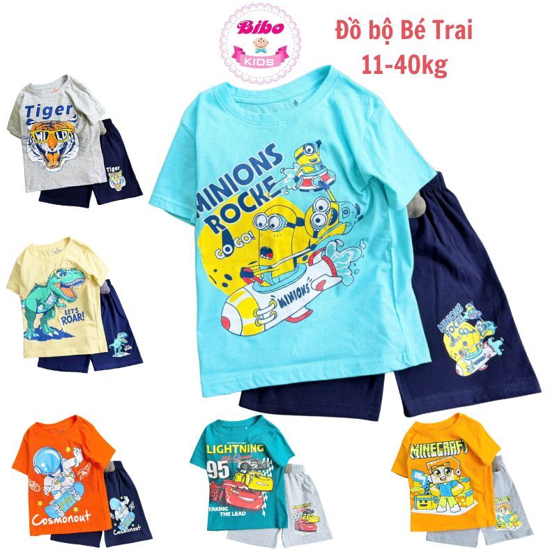 [11-40kg] Bộ cộc tay bé trai cotton co giãn, mềm mịn size đại, Set đồ trẻ em in hình Siêu nhân-Khủng long Hot Hit