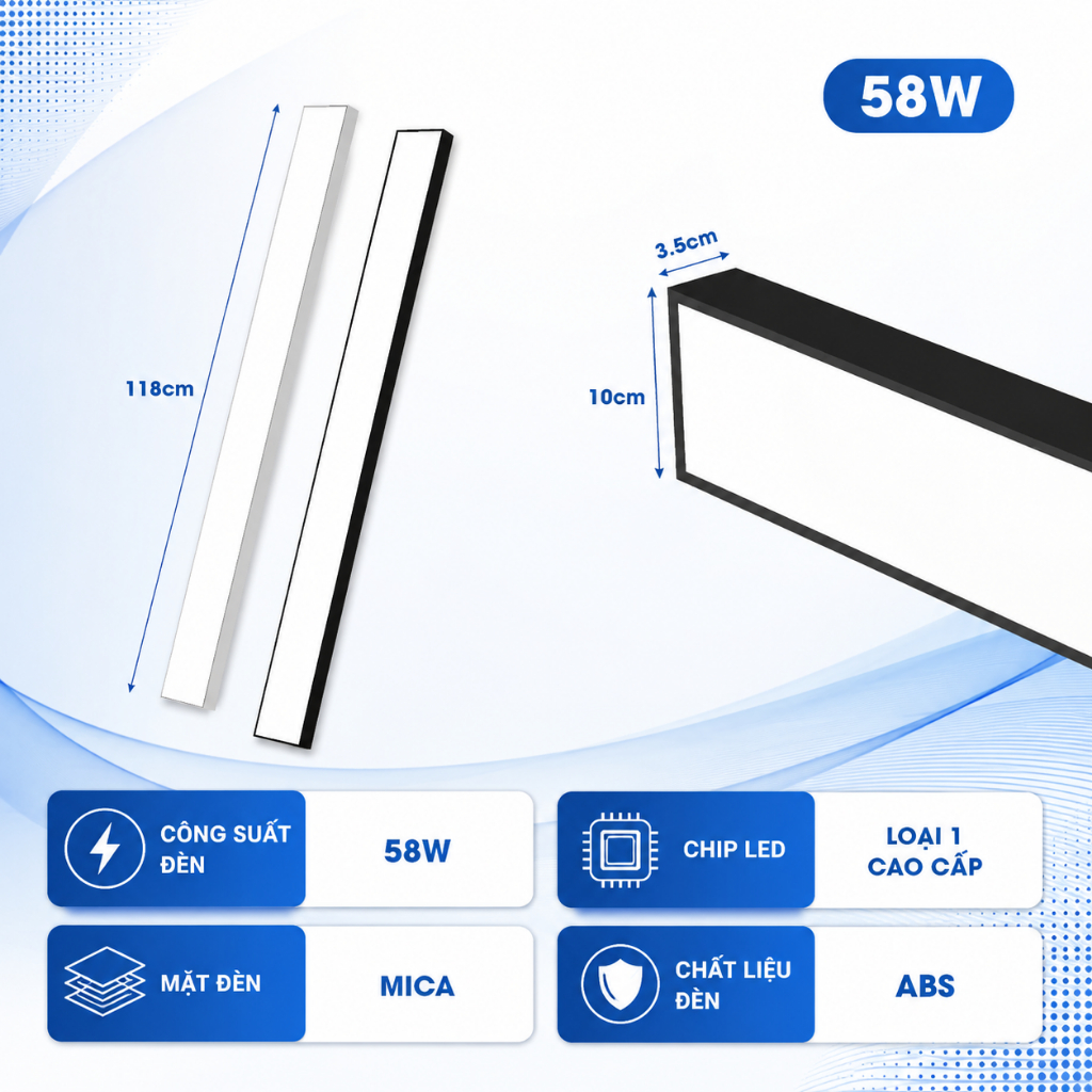 Đèn thả trần Trang Trí Văn Phòng 48W – 58W, Đèn Máng Thả Trần Cao Cấp Hiện Đại Ánh Sáng Trắng 6000K