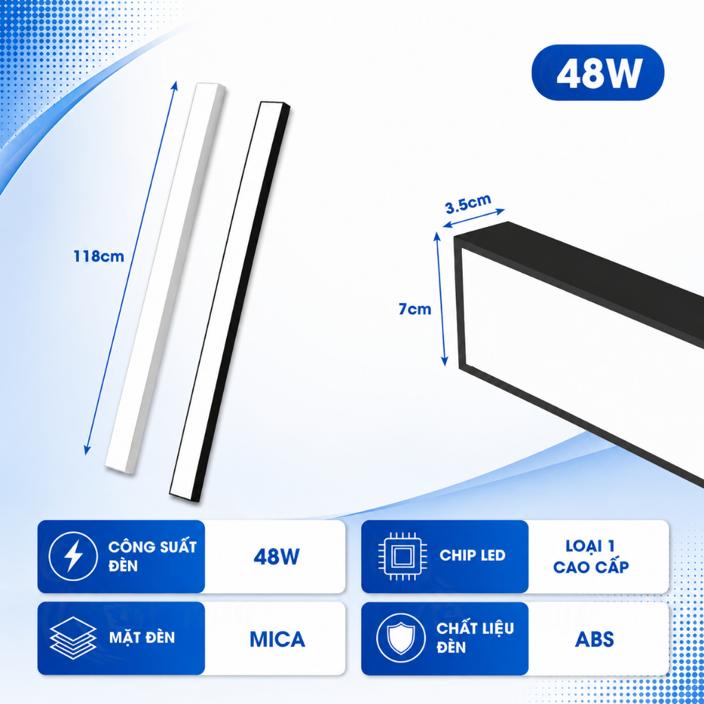 Đèn thả trần Trang Trí Văn Phòng 48W – 58W, Đèn Máng Thả Trần Cao Cấp Hiện Đại Ánh Sáng Trắng 6000K