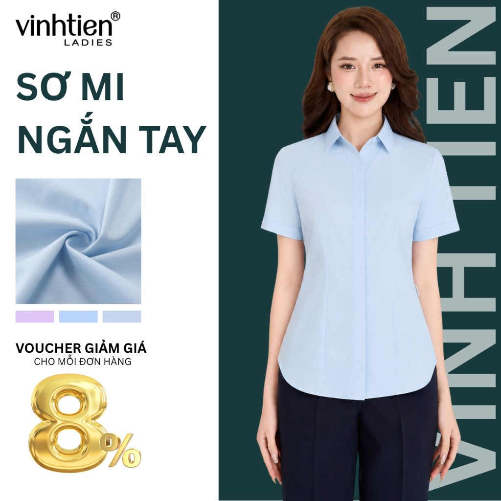 Áo Sơ Mi Nữ Ngắn Tay Vĩnh Tiến Ladies Nẹp Dấu Cúc Trơn, Chất Liệu Bamboo - GTB 509