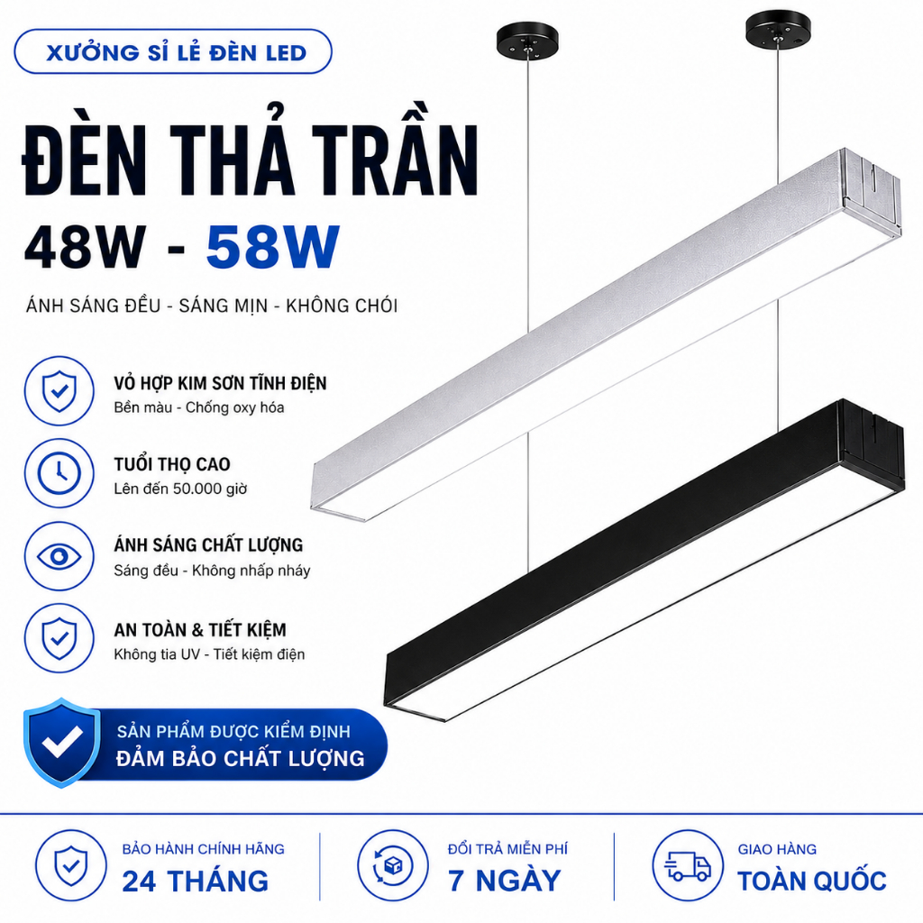 Đèn thả trần Trang Trí Văn Phòng 48W – 58W, Đèn Máng Thả Trần Cao Cấp Hiện Đại Ánh Sáng Trắng 6000K