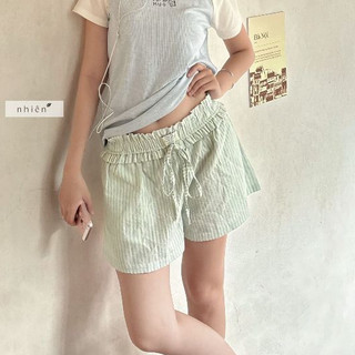 𝐑𝐢𝐛𝐛𝐨𝐧 𝐒𝐡𝐨𝐫𝐭 -  Quần short nữ, quần đùi nữ lưng chun kẻ sọc vàng  (TẶNG KÈM SCRUNCHIES) nhien.official NQS00007