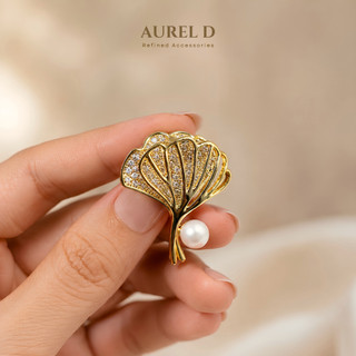 Trâm Cài Áo Aurel D Lá Bạch Quả Đính Đá CZ & Ngọc Trai Quà Tặng Thanh Lịch