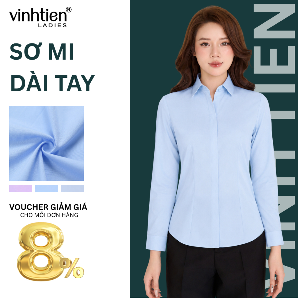 Áo Sơ Mi Dài Tay Vĩnh Tiến Ladies Nẹp Dấu Cúc Trơn, Chất Liệu Bamboo,Chiết li eo tôn dáng – GTB 605