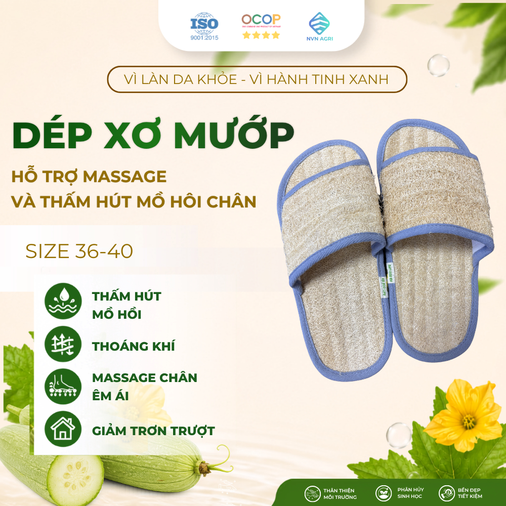 Dép Xơ Mướp 100% Tự Nhiên Size 36-40 Thấm Hút Mồ Hôi Thoáng Khí Massage Chân Êm Ái Đi Trong Nhà