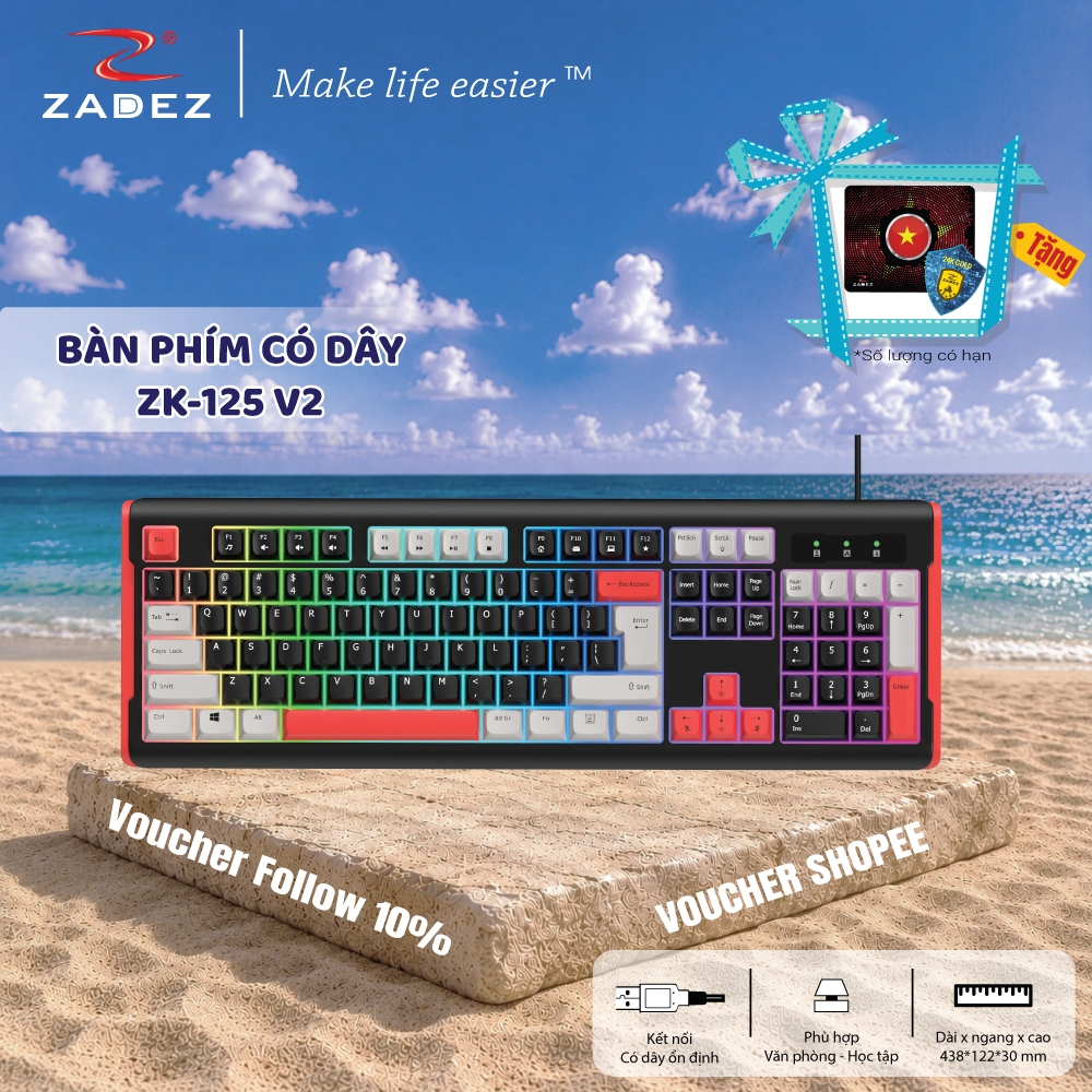 [SIÊU DEAL] Bàn Phím Có Dây  ZADEZ ZK-125 V2 - Full Size 104 Phím, 12 Phím Đa Phương Tiện