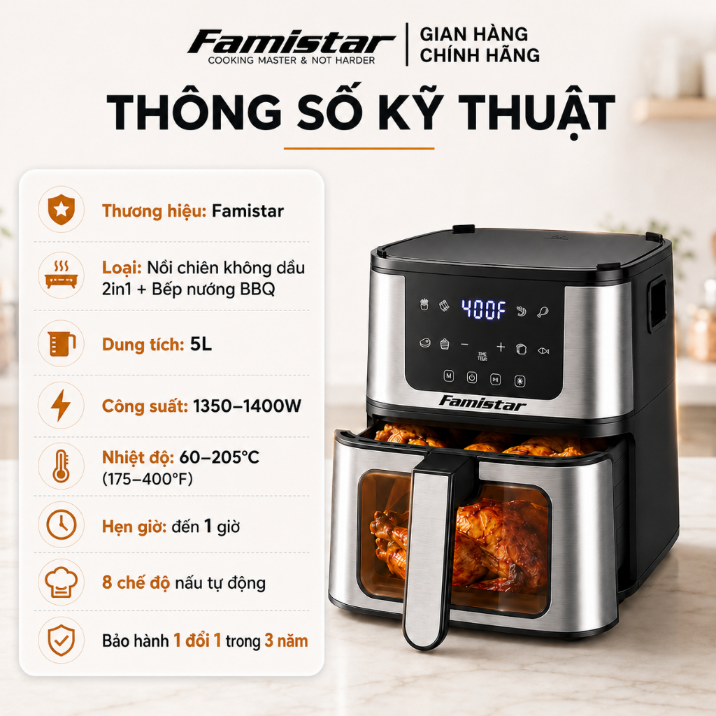 [Bảo hành 3 năm] Nồi chiên không dầu 5Lít Famistar, 8chế độ nấu,công nghệ Rapid Air, Màn hình cảm ứng, tháo lắp tách rời