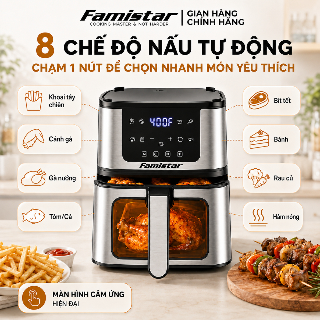 [Bảo hành 3 năm] Nồi chiên không dầu 5Lít Famistar, 8chế độ nấu,công nghệ Rapid Air, Màn hình cảm ứng, tháo lắp tách rời