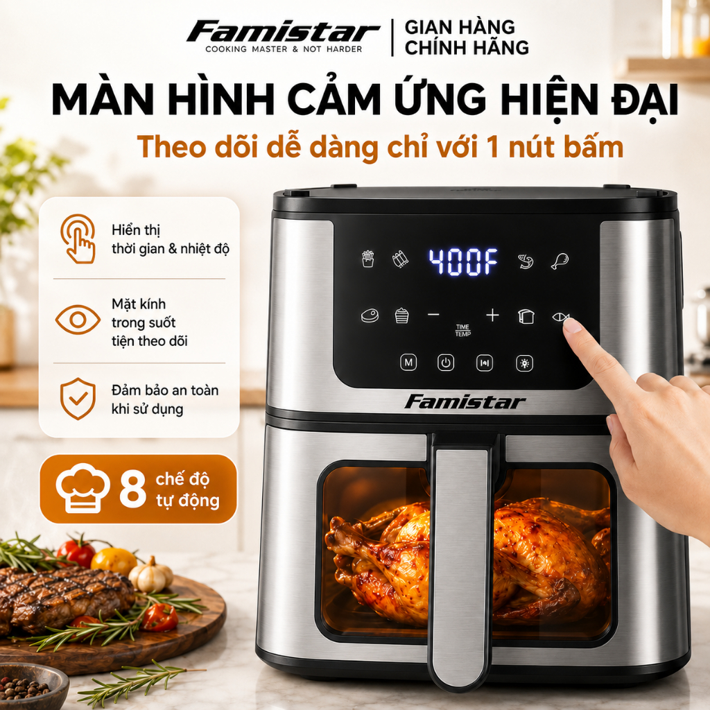 [Bảo hành 3 năm] Nồi chiên không dầu 5Lít Famistar, 8chế độ nấu,công nghệ Rapid Air, Màn hình cảm ứng, tháo lắp tách rời