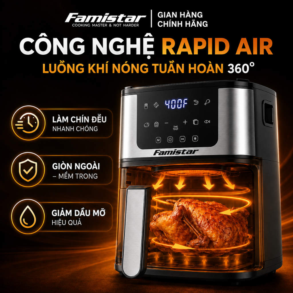 [Bảo hành 3 năm] Nồi chiên không dầu 5Lít Famistar, 8chế độ nấu,công nghệ Rapid Air, Màn hình cảm ứng, tháo lắp tách rời