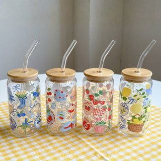 Ly Thủy Tinh 16oz Dán Decal Kèm Nắp Tre, Ống Hút, Cọ Rửa 500ml | Ly Matcha, Cà Phê, Trà Sữa Home Cafe
