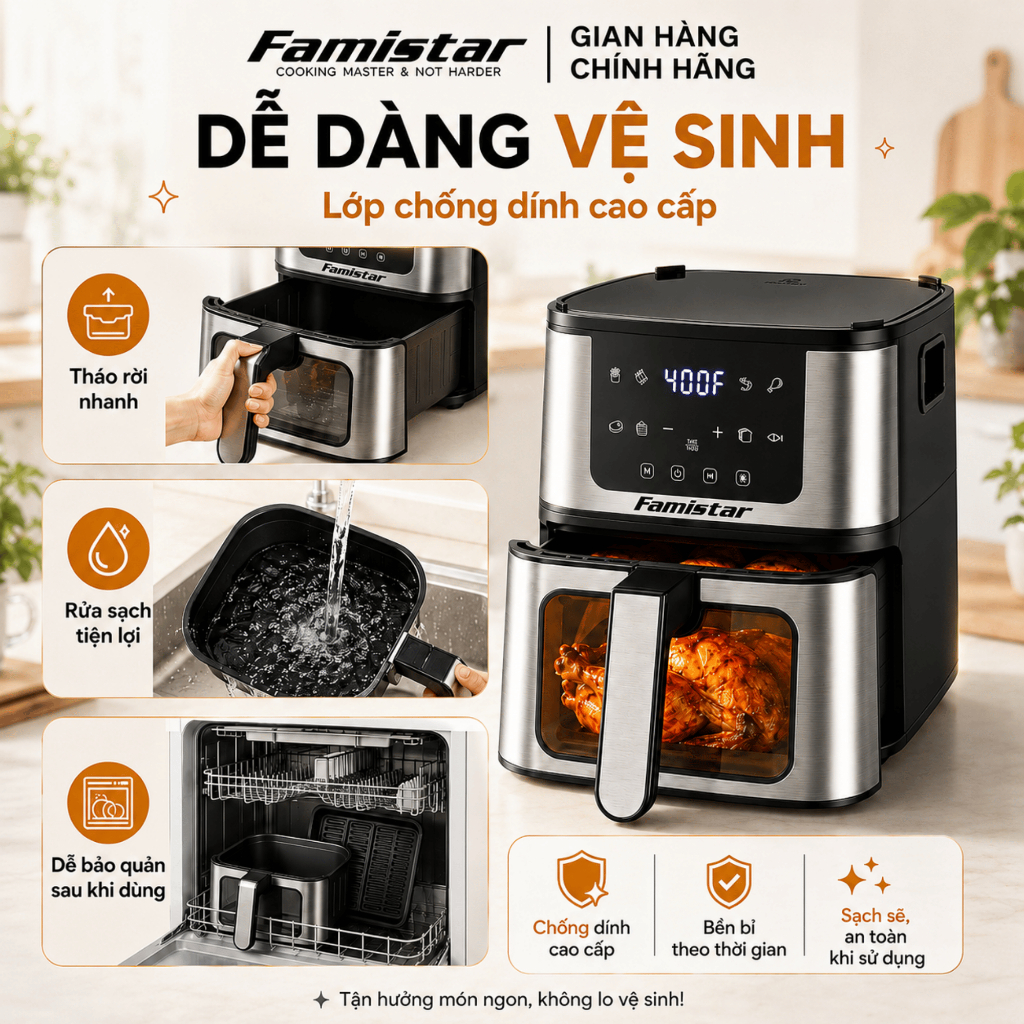 Nồi Chiên Không Dầu Famistar, 8 chế độ nấu,công nghệ Rapid Air, Màn hình cảm ứng, tháo lắp tách rời, bảo hành 3 năm